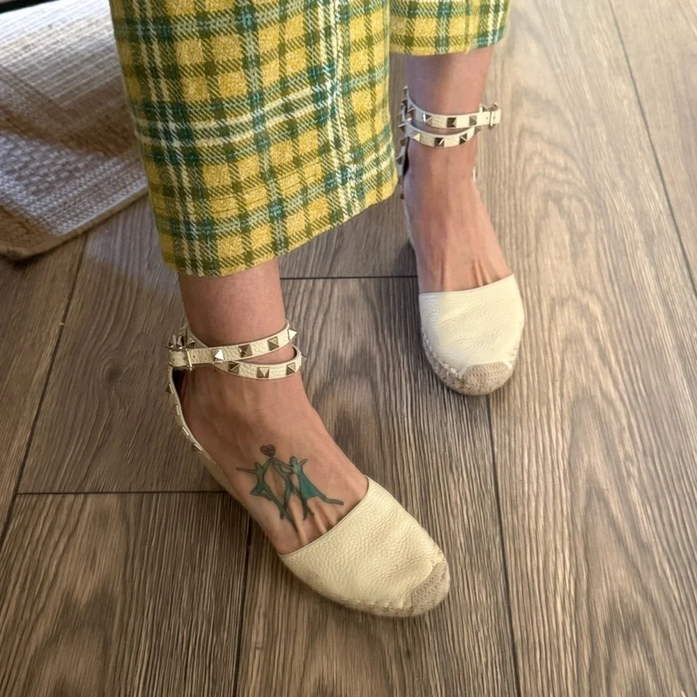 These are Valentino Garavani Rockstud textured-leather espadrille wedge heel